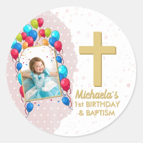 Girl Pink 1st Birthday Baptism Gold Text Photo Classic Round Sticker