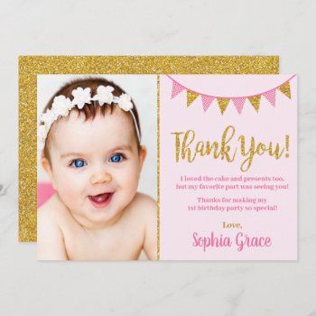 Girl Pink And Gold 1st Birthday Thank You Card by PuggyPrints at Zazzle