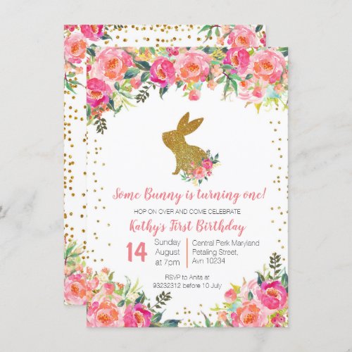 Girl Pink and Gold Bunny Birthday Floral Invitation