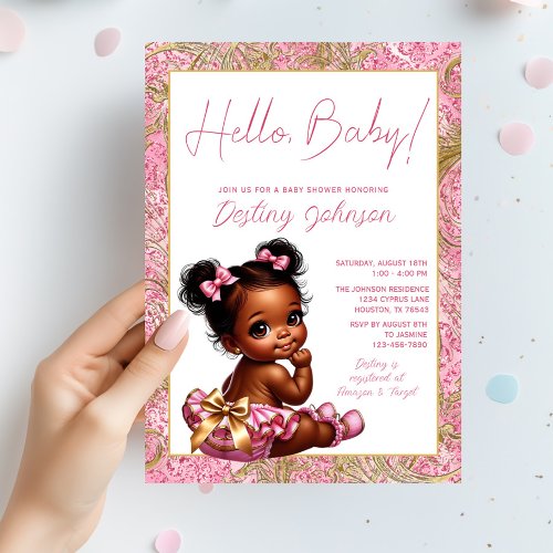 Girl Pink and Gold Hello Baby Baby Shower Invitation