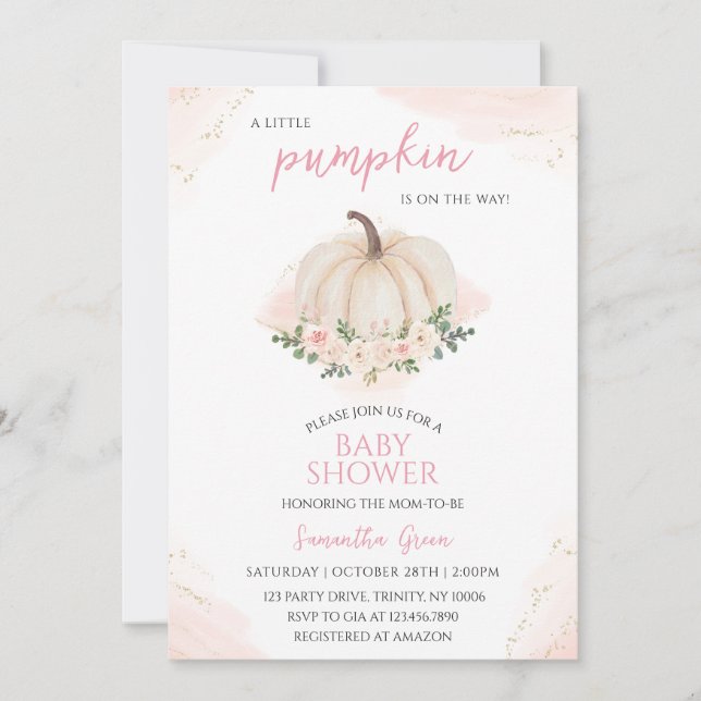 Girl Pink and Gold Pumpkin Baby Shower Invitation (Front)