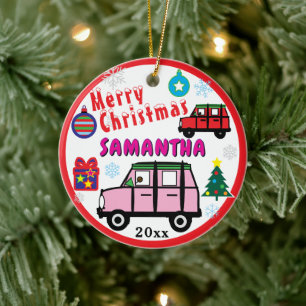 Girl Pink and Red Cars Blue PHOTO NAME Ceramic Ornament