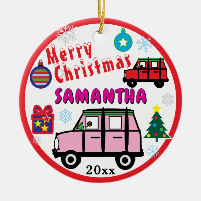 Girl Pink and Red Cars Blue PHOTO NAME Ceramic Ornament (Front)