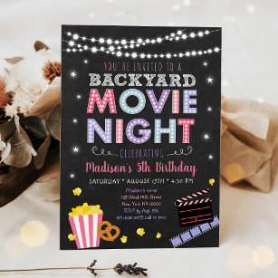 Girl Pink Backyard Movie Night Birthday Invitation