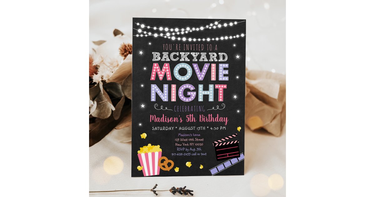 Girl Pink Backyard Movie Night Birthday Invitation | Zazzle