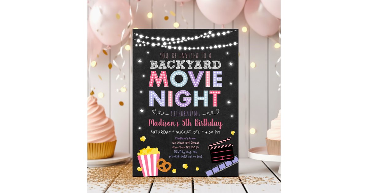 Girl Pink Backyard Movie Night Birthday Invitation | Zazzle