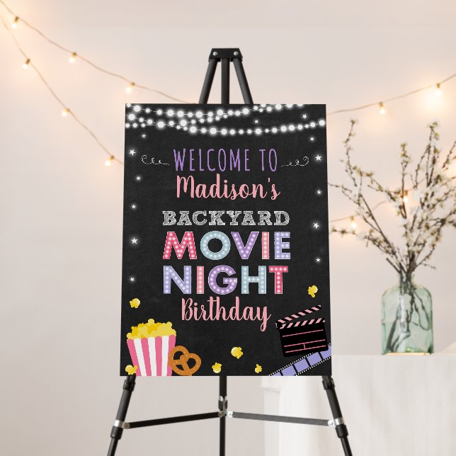 Girl Pink Backyard Movie Night Birthday Welcome Foam Board (In Situ (Stand))