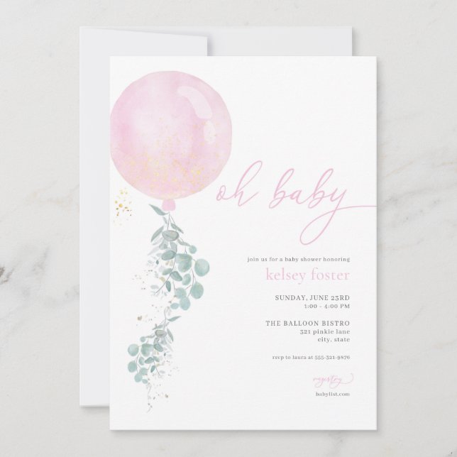 Girl Pink Balloon Baby Shower Invitation (Front)