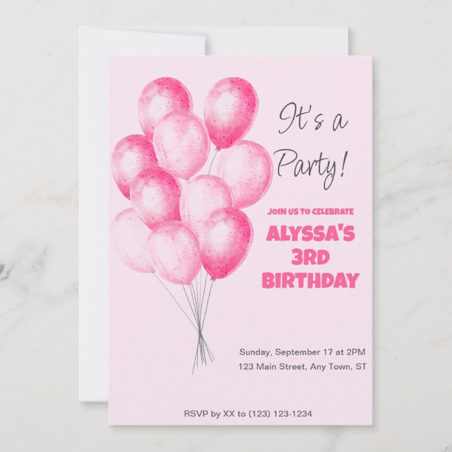 Girl pink balloon birthday invite (Front)
