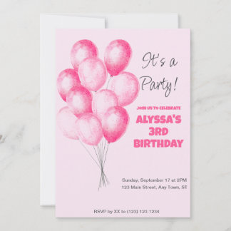 Girl pink balloon birthday invite