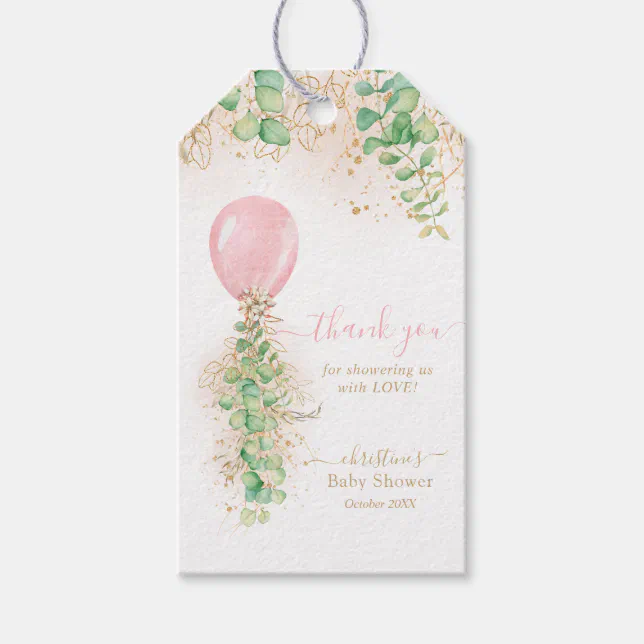 Girl Pink Balloon Greenery Baby Shower Thank You Gift Tags | Zazzle