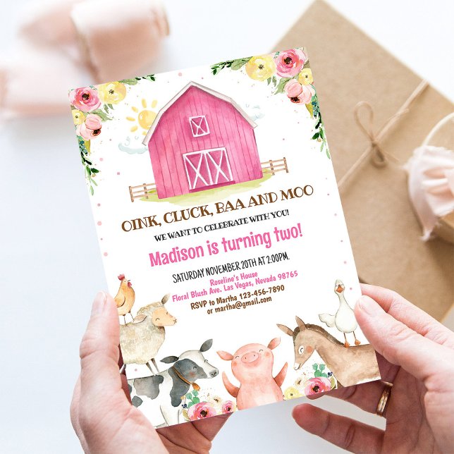Girl Pink Barnyard Farm Animals Birthday Invite (Creator Uploaded)