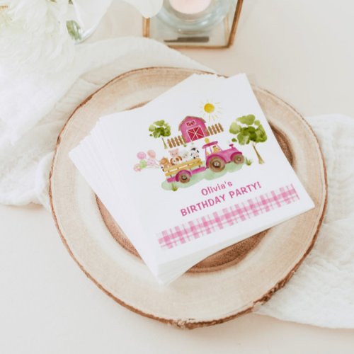 Girl pink barnyard fun farm animals birthday napkins