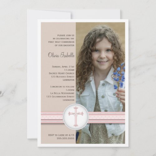 Girl Pink | Beige Photo Communion Invitation