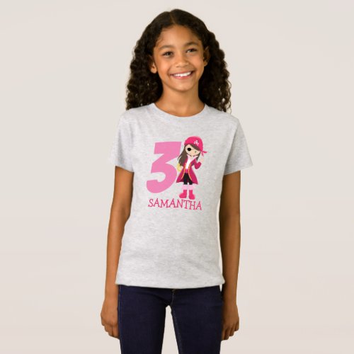 GIRL Pink Birthday Party Pirate 3rd Name  T_Shirt