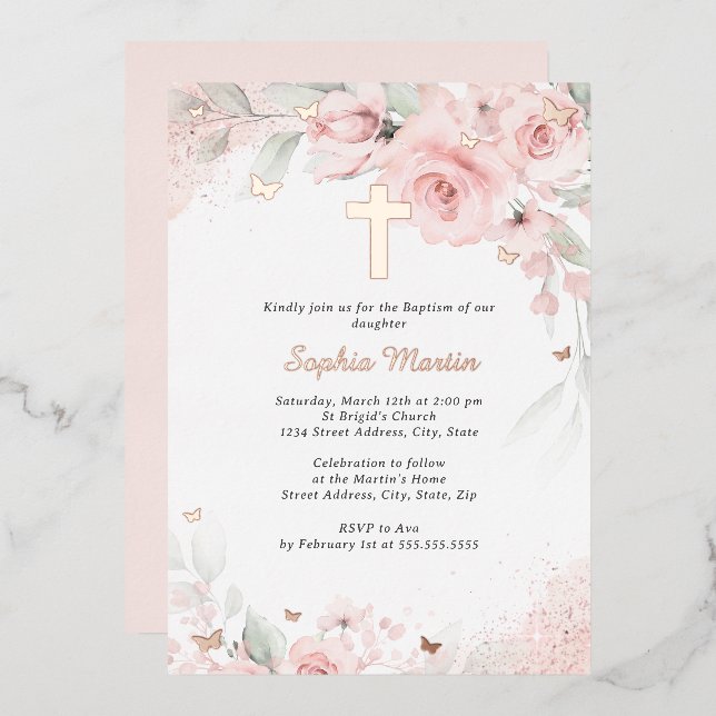 Girl Pink Blush Rose Gold Cross Floral Baptism  Foil Invitation (Front/Back)