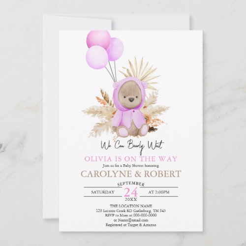 Girl Pink Boho Teddy Bear Bearly Wait Baby Shower Invitation