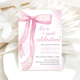 Girl Pink Bow 2nd Birthday Invitation