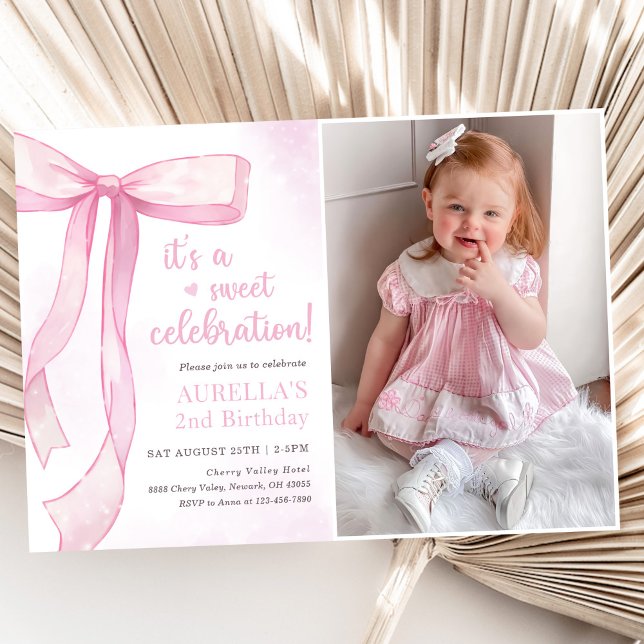 Girl Pink Bow 2nd Birthday Photo Invitation (Creator Uploaded)