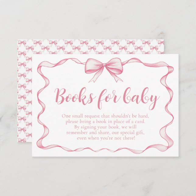 Girl Pink Bow Baby Shower Books for Baby Card (Front/Back)