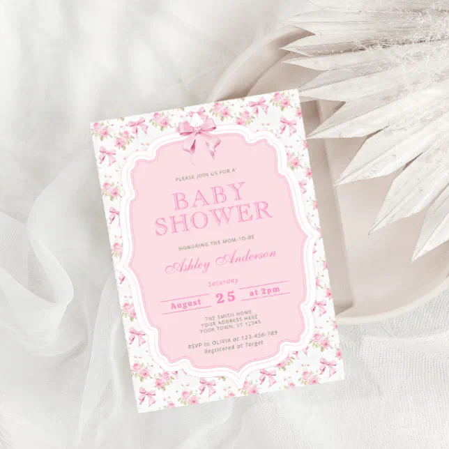 Girl Pink Bow Baby Shower Invitation | Zazzle