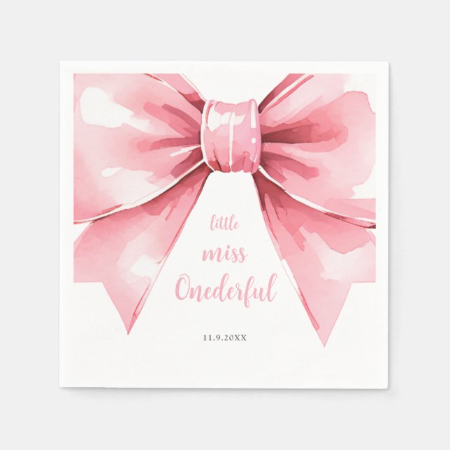 Girl Pink Bow First Birthday Napkins (Front)