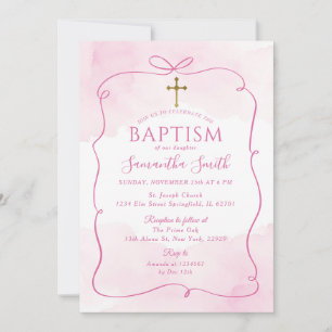 Girl Pink Bow Gold Cross Christening Baptism Invitation