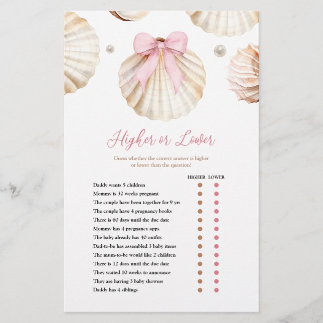 Girl Pink Bow Shell Baby Shower Higher or Lower  (Front)