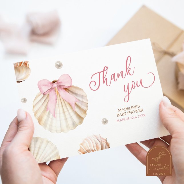 Girl Pink Bow Shell Baby Shower Thank You Card (Creator Uploaded)