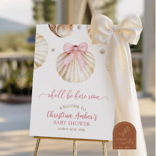 Girl Pink Bow Shell Baby Shower Welcome Sign