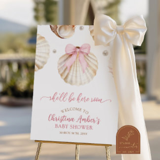 Girl Pink Bow Shell Baby Shower Welcome Sign