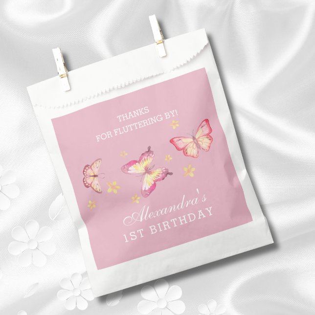 Girl Pink Butterfly 1st Birthday Thank You Favor Bag (Creator Uploaded)
