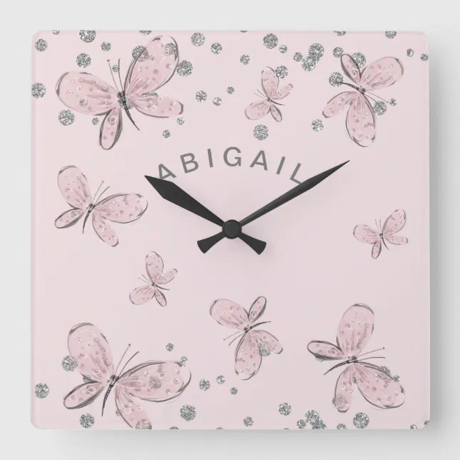 Girl Pink Butterfly Silver Sparkle Custom Name Square Wall Clock | Zazzle