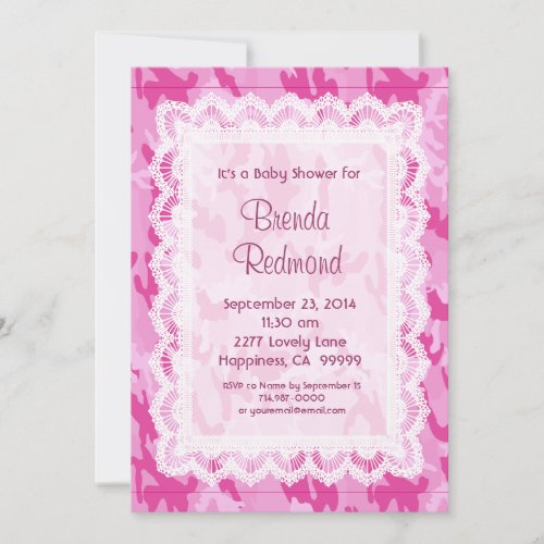 GIRL Pink Camouflage Lace  Baby Shower V10 Custom Announcement