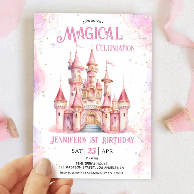 Girl Pink Castle Princess 1st Birthday Party Invitation | Zazzle