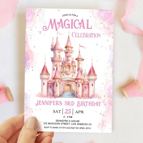 Girl Pink Castle Princess 3rd Birthday Party Invitation