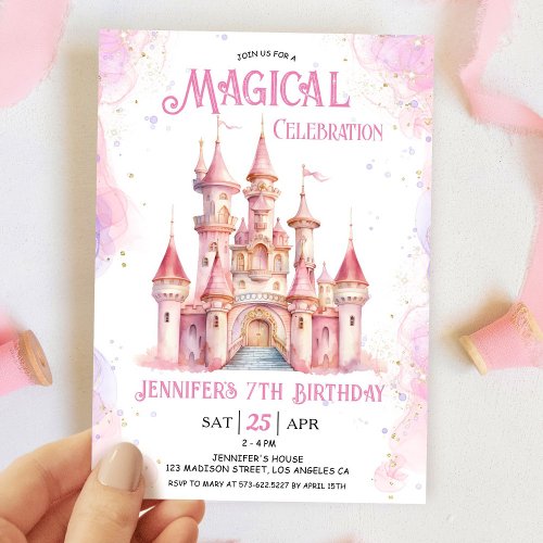 Girl Pink Castle Princess 7th Birthday Party Invitation