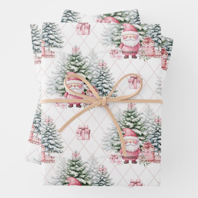 Girl Pink Christmas Santa Presents Wrapping Paper Sheets (In situ)