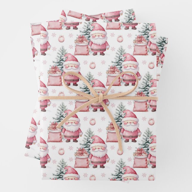 Girl Pink Christmas Santa Presents Wrapping Paper Sheets (In situ)