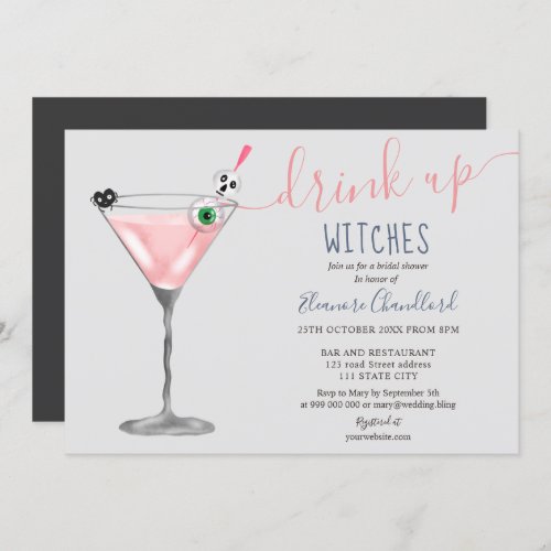 Girl pink cocktail witches Halloween bridal shower Invitation