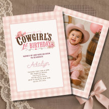 Girl Pink Cowgirl Gingham Photo 1st Birthday