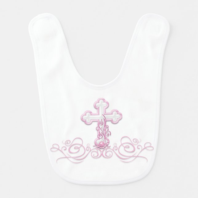 Girl Pink Cross Baptism Christening Bibs (Front)