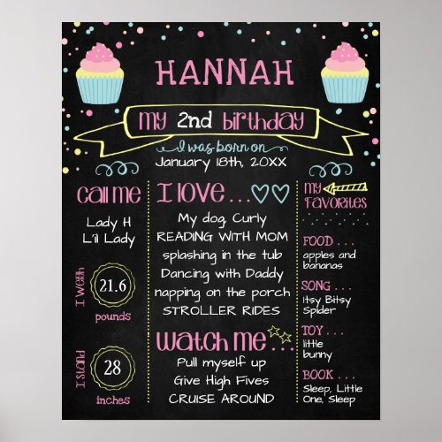 Girl Pink Cupcake  USMetric Chalkboard Birthday Poster