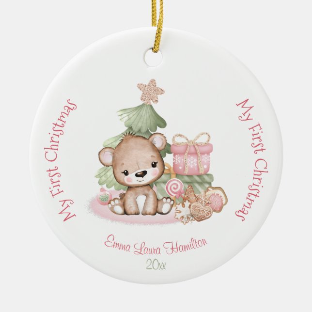 Girl Pink Cute Baby Bear Baby's First Ceramic Ornament (Front)