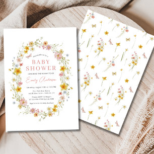 Girl Pink Cute Butterfly Wildflower Baby Shower Invitation