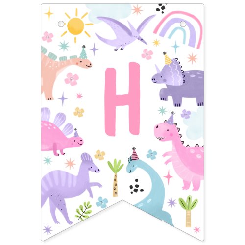 Girl Pink Dinosaur Birthday Party Party  Bunting Flags
