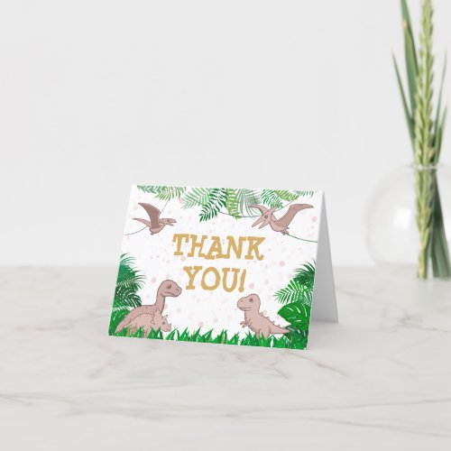 Girl Pink Dinosaur Birthday Party Thank You Card