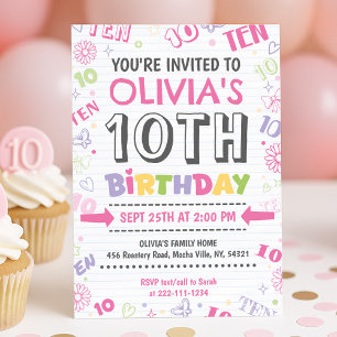 Girl Pink Doodle 10th Birthday Invitation