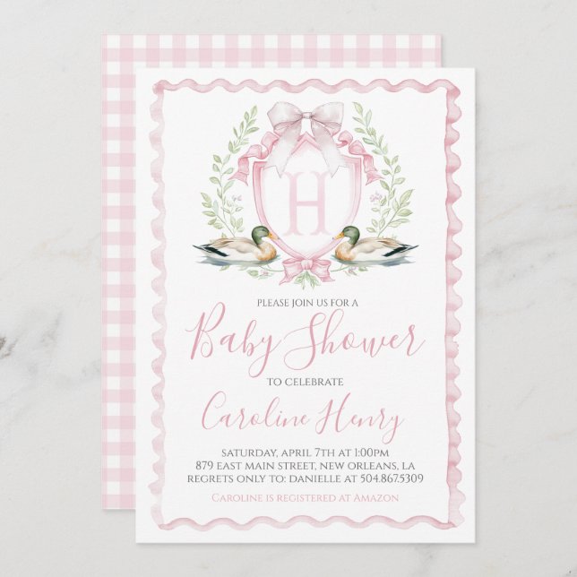Girl Pink Duck Baby Shower Gingham Pink Invitation (Front/Back)