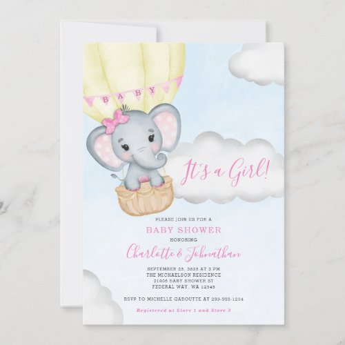Girl Pink Elephant Baby Shower Invitation